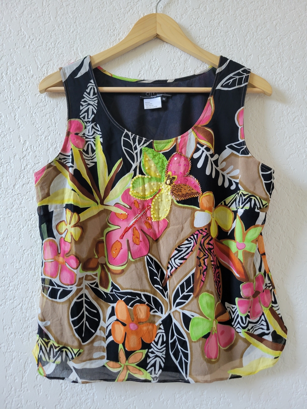 Tropical Sequin Floral Silk Tank Top - Black Multi